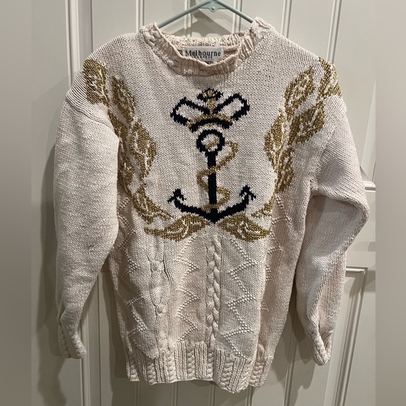 Melbourne HAND KNIT Medium Cozy Cream and Gold Nautical Crew Neck Sweater - Picture 1 of 10